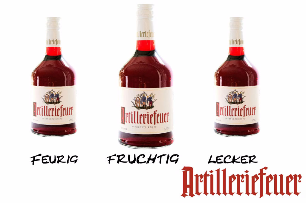 Flasche Artilleriefeuer Fruchtlikör 40 % vol mit hellem Etikett