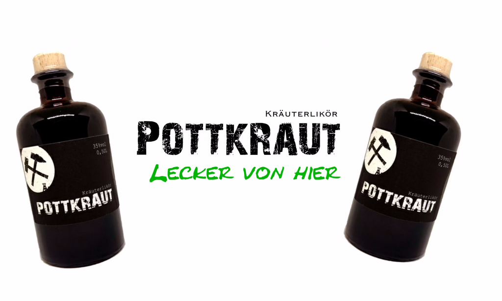 Dunkle Flasche Pottkraut Kräuterlikör mit Hammer-und-Schlägel-Symbol